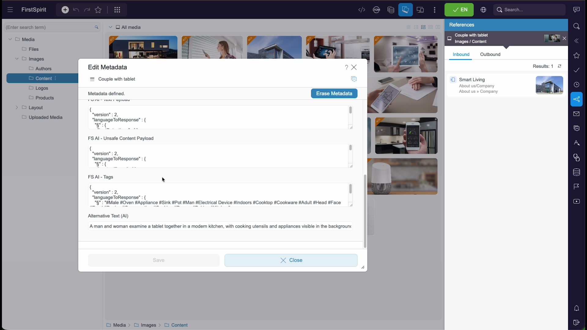 The Edit Metadata dialog showing FS AI fields for text payload, unsafe content, tags, and an Alternative Text (AI) field