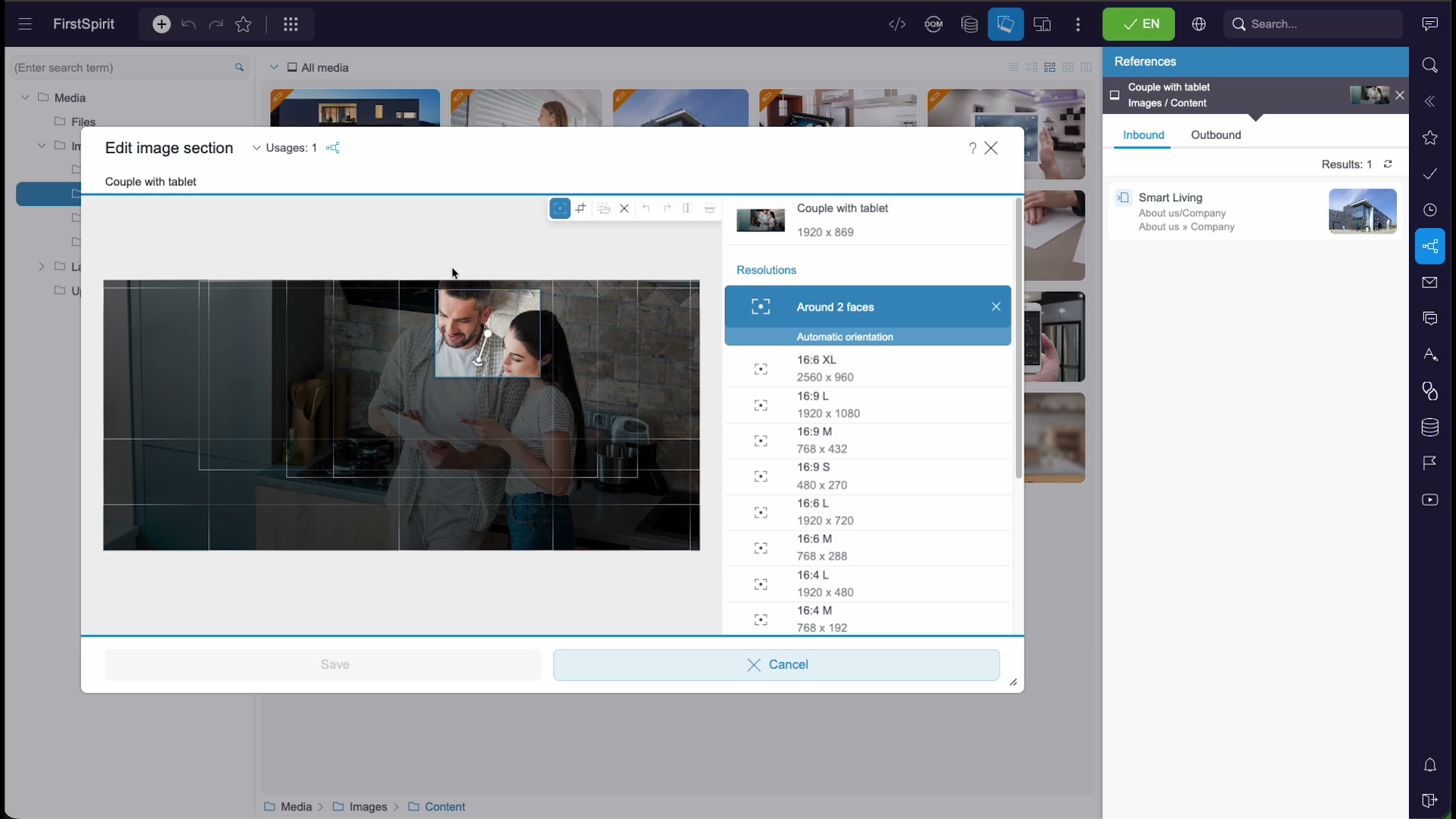 The Edit image section dialog with the focus area Around 2 faces selected, keeping two people centred across crops