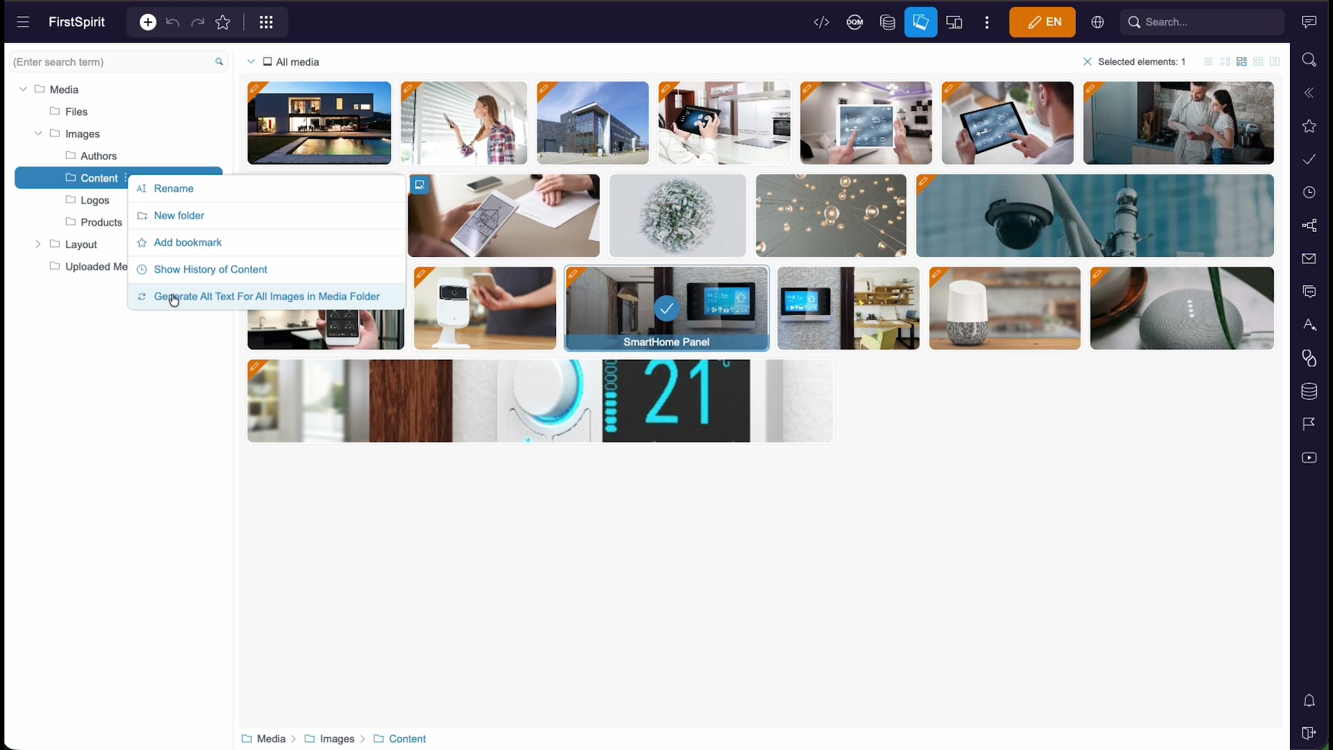 A folder context menu in the gallery with the option Generate Alt Text For All Images in Media Folder