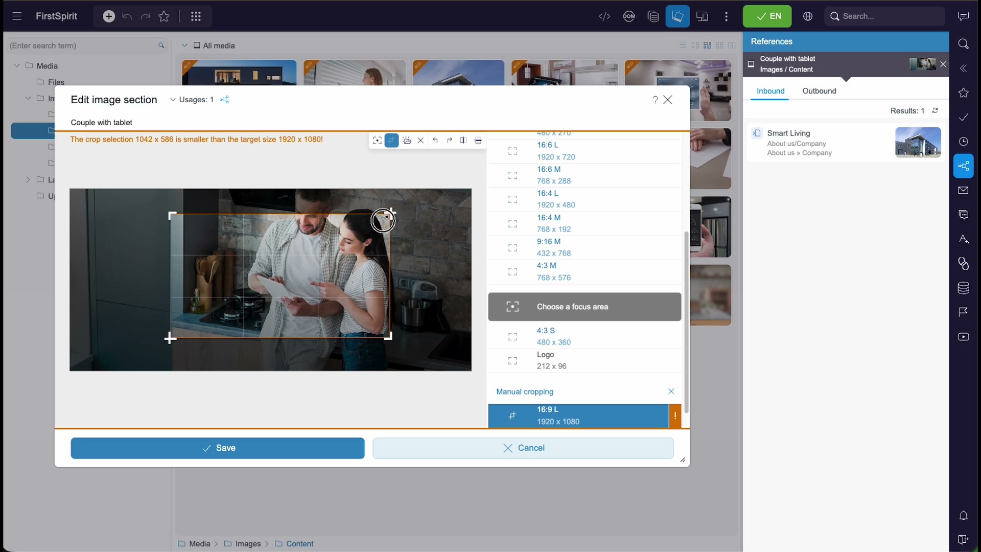 Manual cropping in the Edit image section dialog, with a warning that the crop selection is smaller than the target size