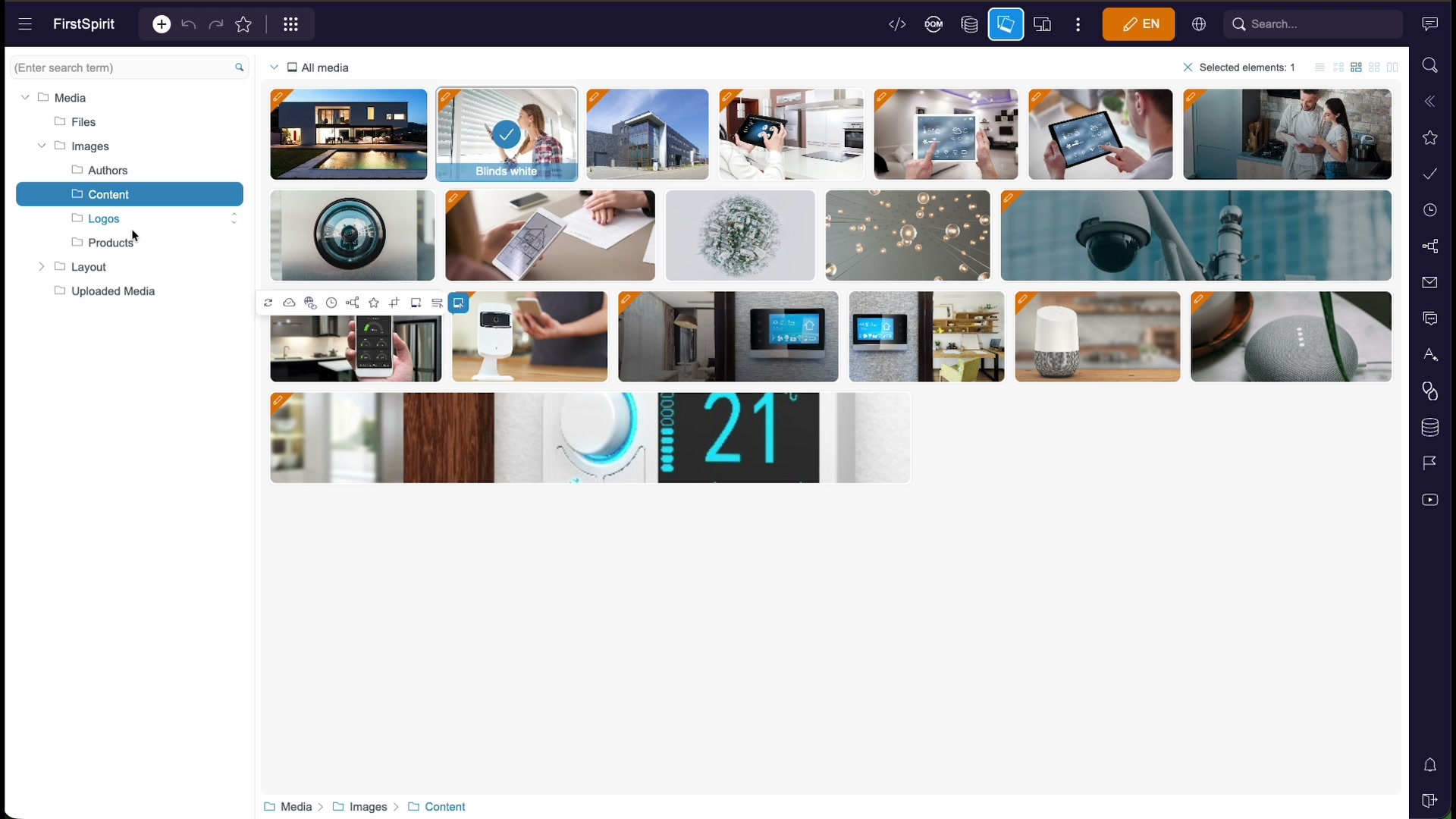 The Media Management screen: a folder tree on the left, a grid of image thumbnails in the middle, and a tools rail on the right