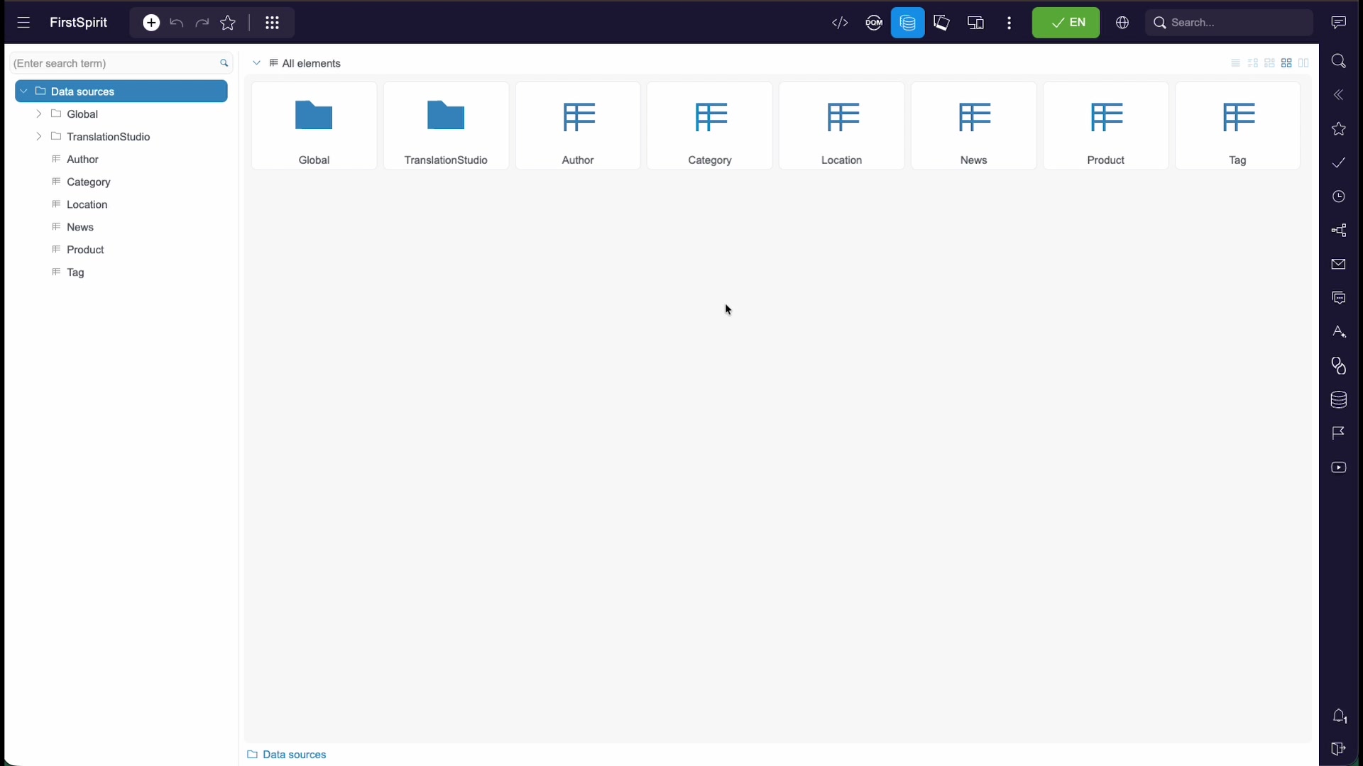 The data sources overview listing sources such as Author, Category, Location, News, and Product