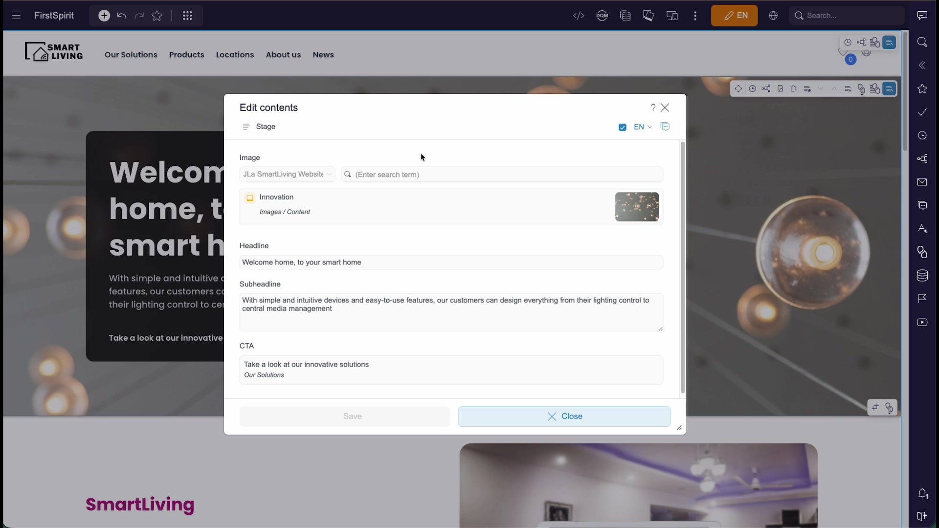 The Edit contents dialog with fields for image, headline, sub-heading, and call to action
