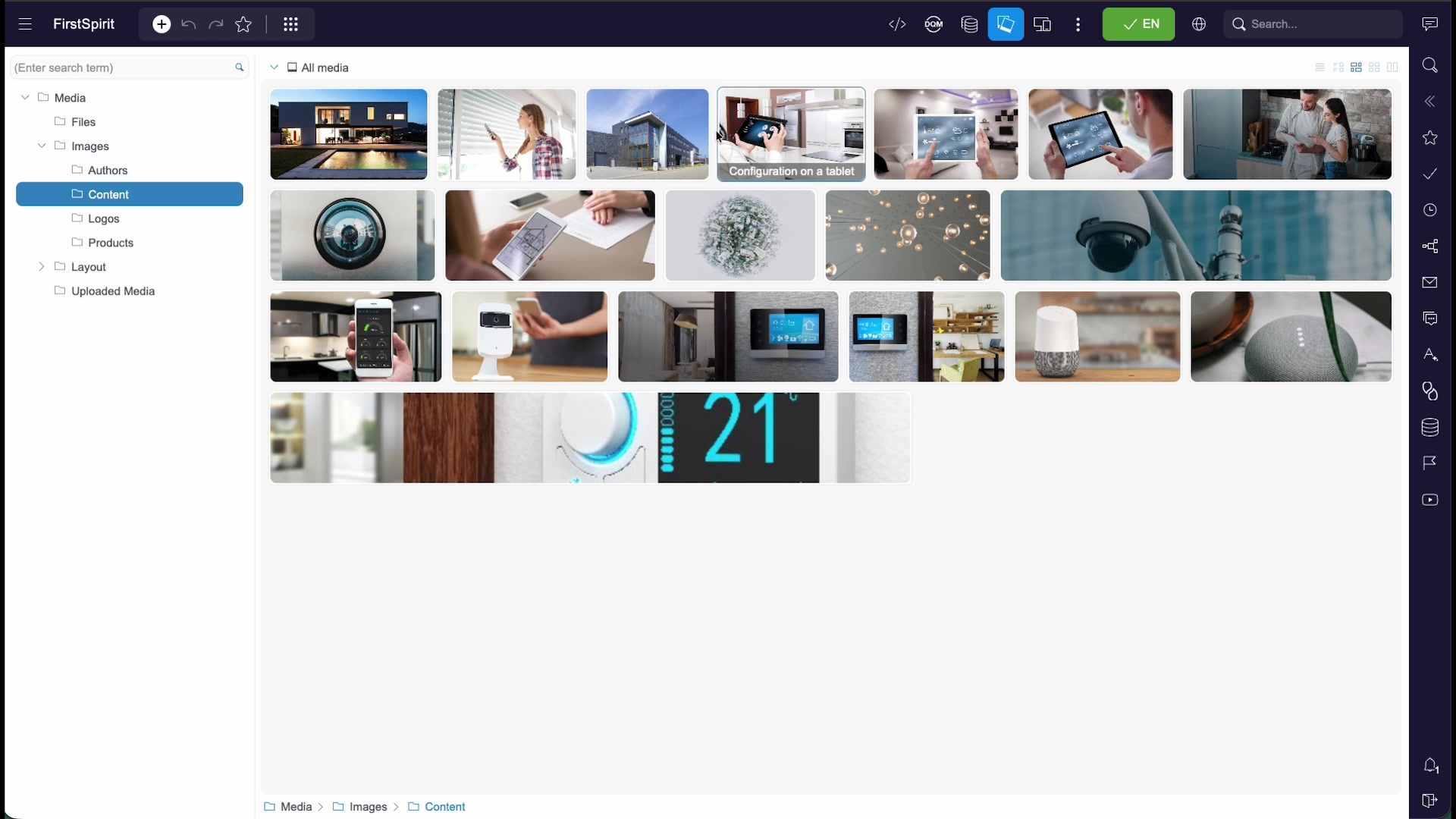 The Media library showing folders and a grid of image thumbnails