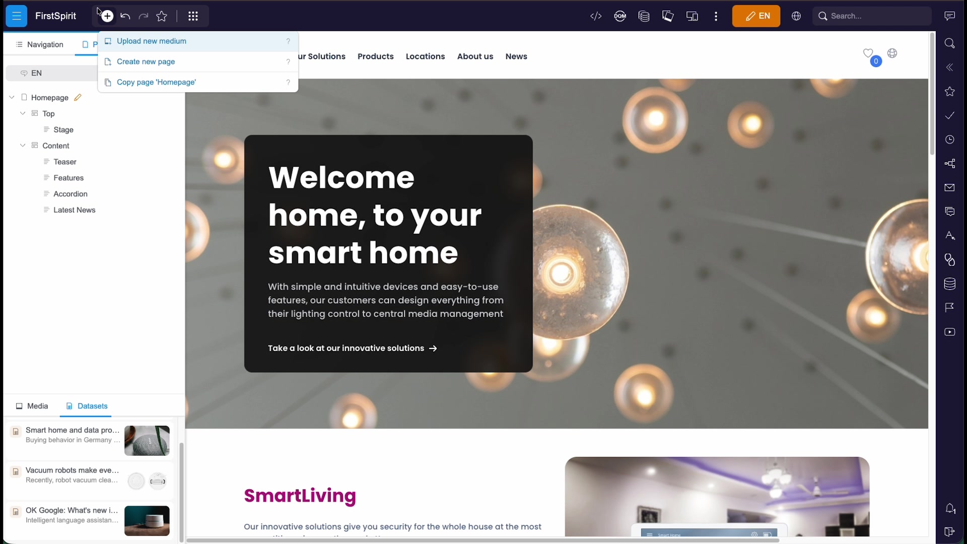 The new menu with options to upload a new medium, create a new page, or copy the current page