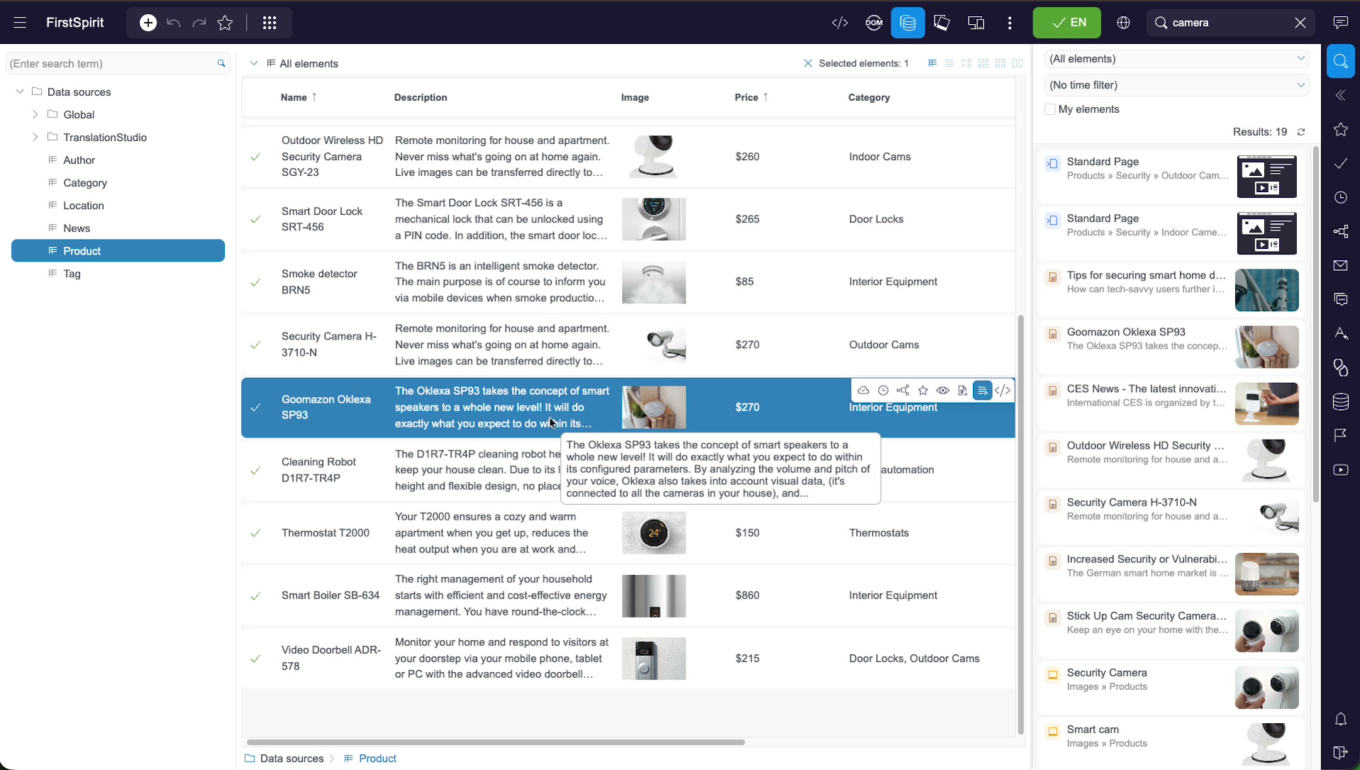The Product data source open as a table listing datasets such as Security Camera H-3710-N, Goomazon Oklexa SP93 and Thermostat T2000 with columns for name, description, image, price and category; one row is selected