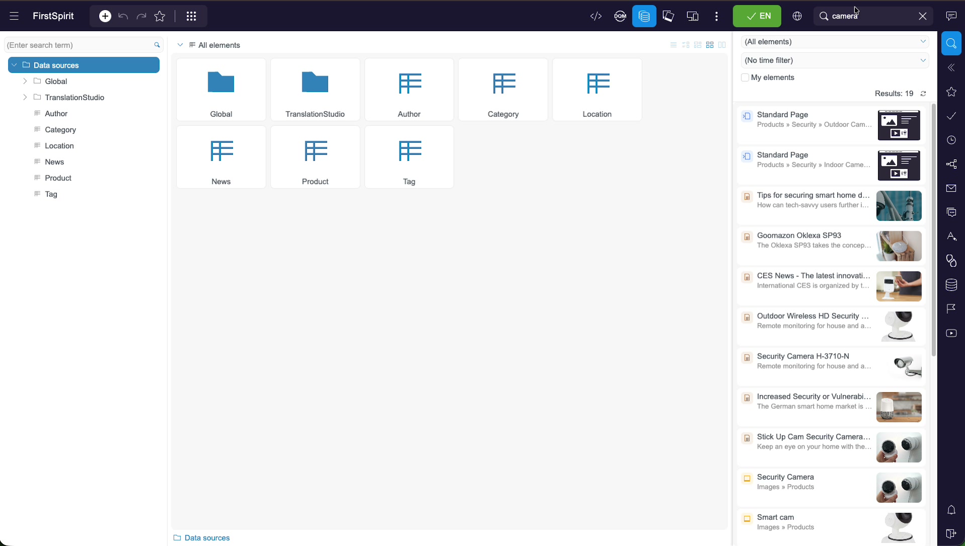 The data sources report showing the available data sources (Global, TranslationStudio, Author, Category, Location, News, Product, Tag) as tiles, with a tree of the same on the left