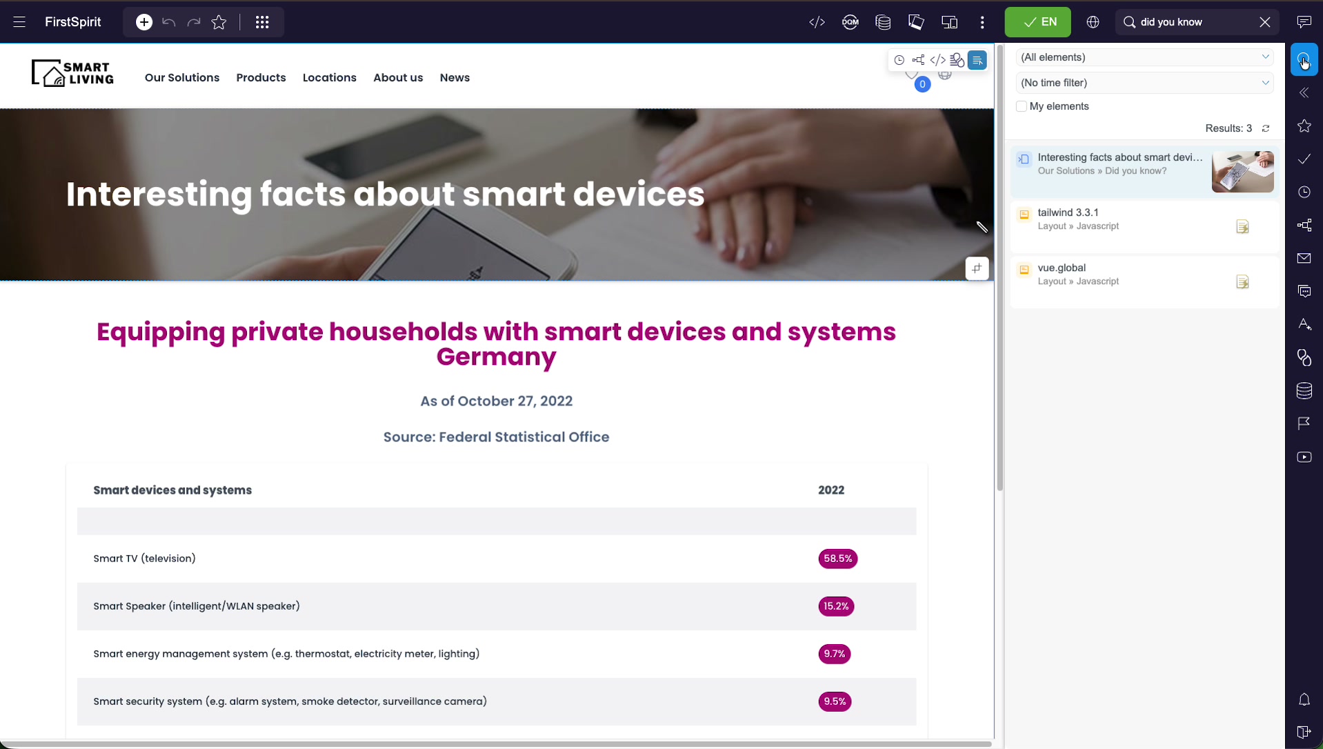The internal search panel open on the right showing three results for the query did you know, including a page and two layout scripts, with element-type and time-filter dropdowns above