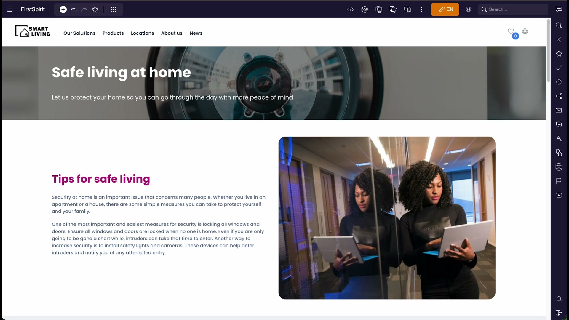 ContentCreator editing a Smart Living demo page: the page preview fills the centre, the FirstSpirit toolbar runs across the top, and a vertical rail of report icons runs down the right-hand edge