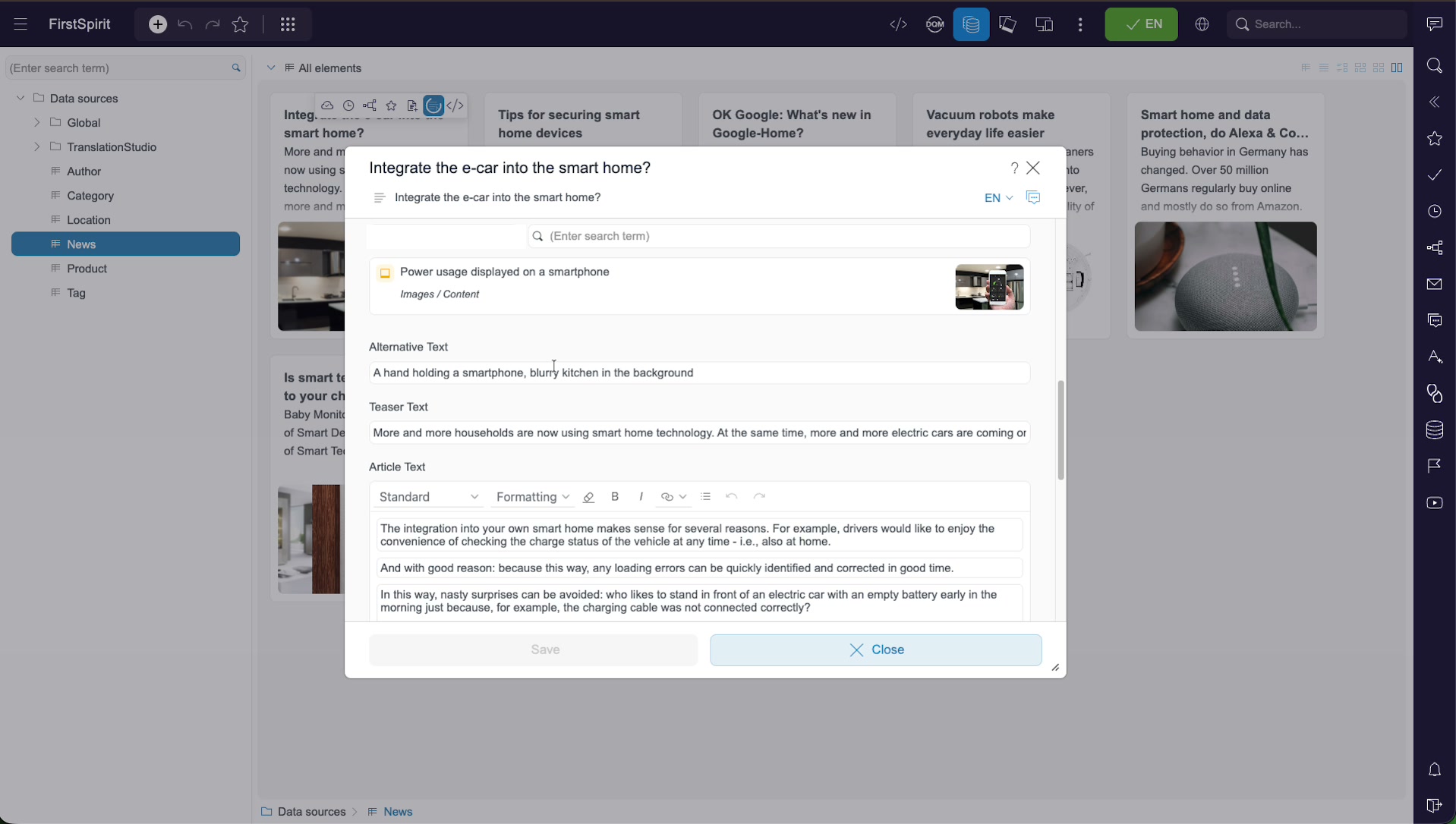 The edit form for a news dataset showing an image selector with alternative text, a teaser text field, and a rich-text article body with formatting toolbar