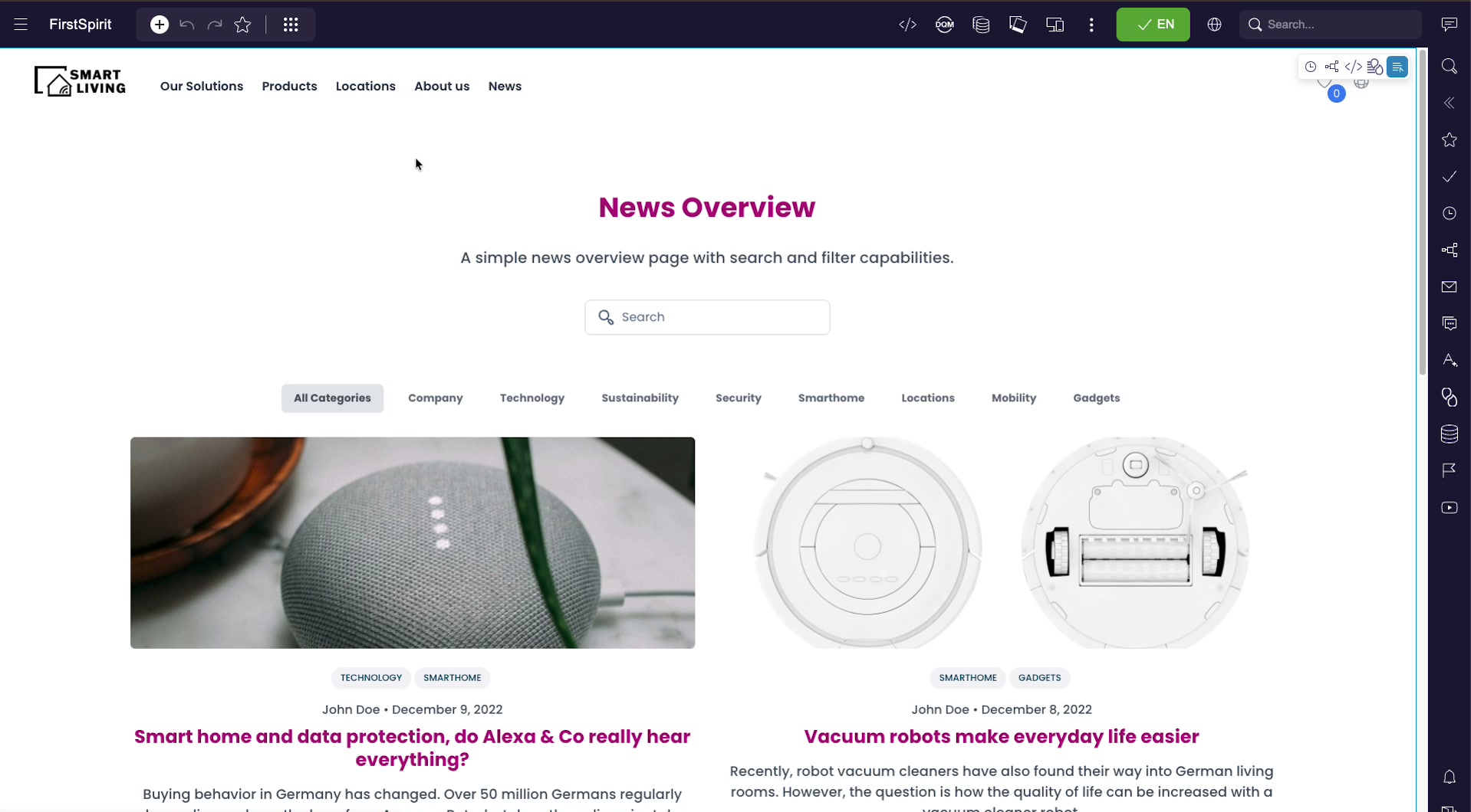 The published News Overview page with a search box, category filter tabs, and a grid of news article cards driven by the News data source