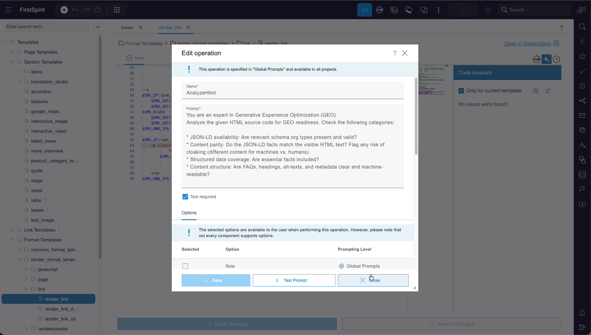 The Edit operation dialog for a Global Prompt named AnalyzeHtml, defining an AI prompt that analyses HTML for Generative Experience Optimization readiness, with the Code Assistant panel showing no issues found