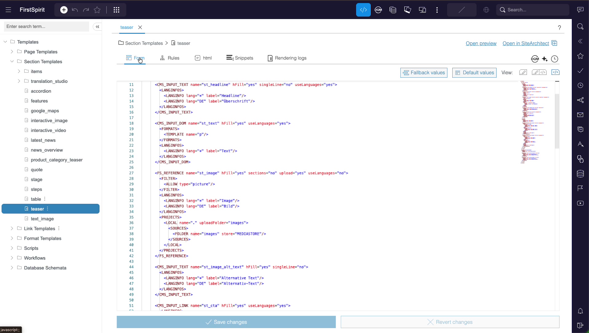 The form definition shown as editable XML source, with CMS_INPUT_TEXT, CMS_INPUT_DOM and FS_REFERENCE elements and a minimap on the right