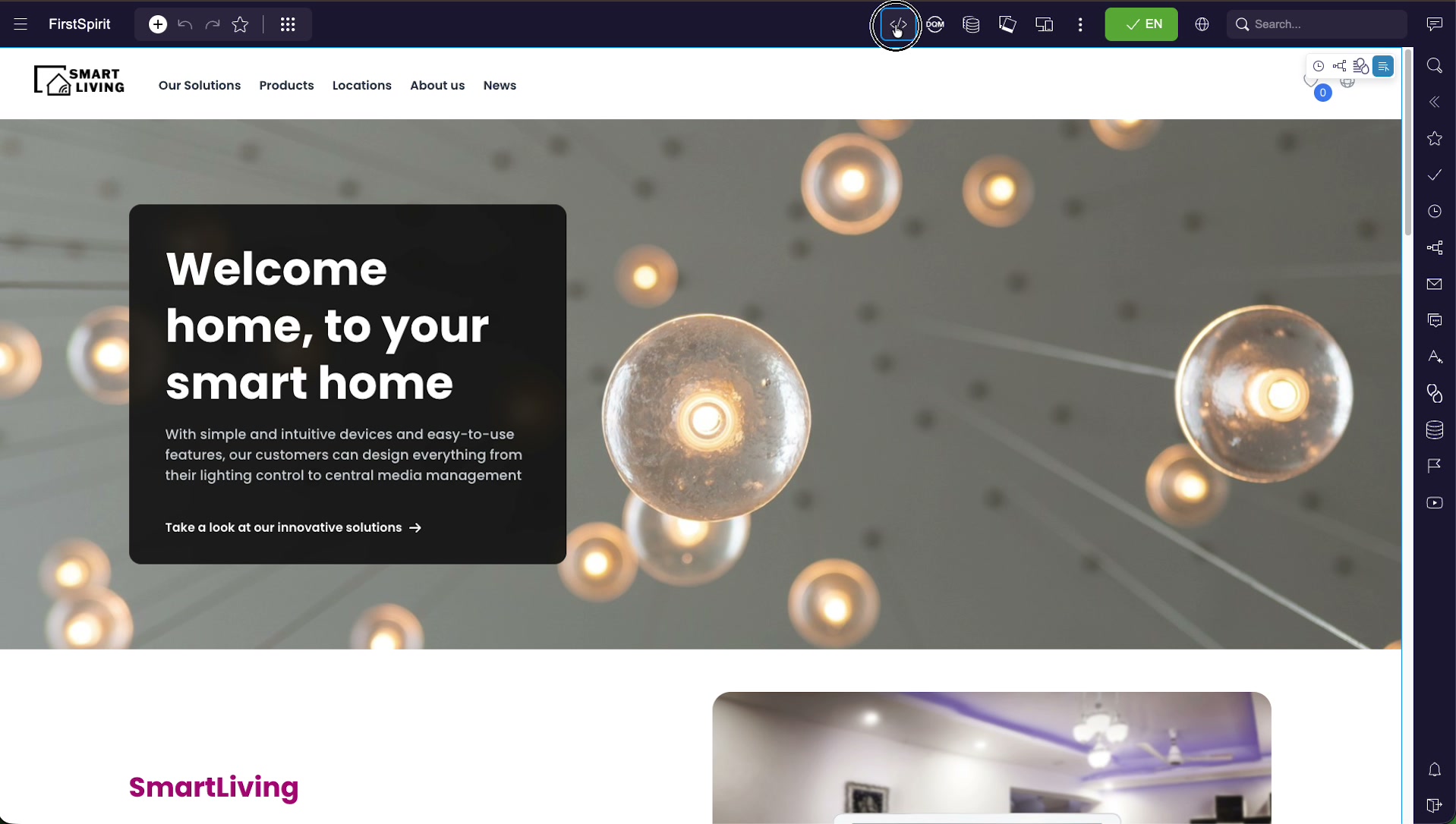 The ContentCreator preview of a demo homepage with the code icon in the top toolbar highlighted, ready to open the development tools