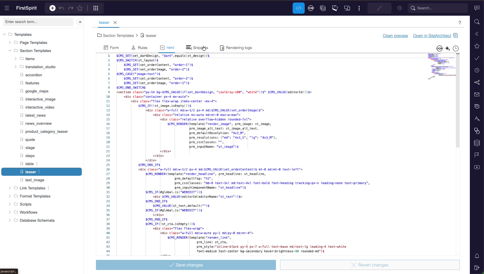 The html output channel of the teaser template shown in a syntax-highlighted code editor with FirstSpirit template instructions and a minimap