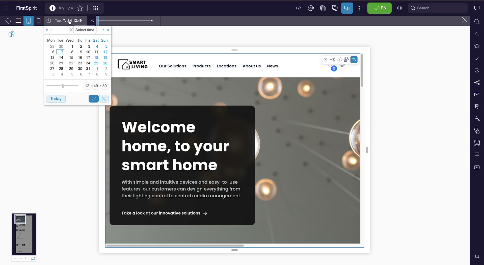 The preview-date picker open in Multi-Perspective Preview: a month calendar, hour-minute-second time fields, a time slider, a Today button, and confirm and cancel buttons