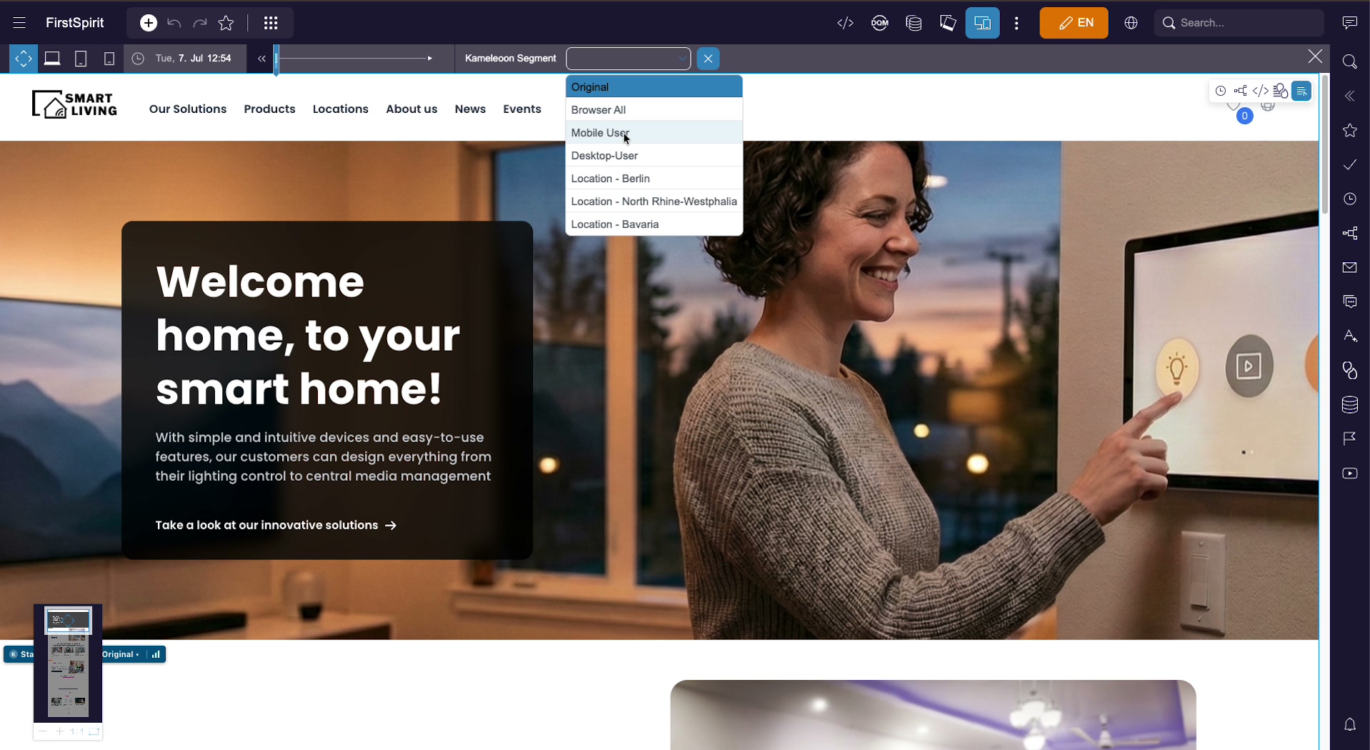The Kameleoon Segment dropdown open in Multi-Perspective Preview, listing Original, Browser All, Mobile User, Desktop-User, and three location-based segments; the page behind it shows a personalized variant